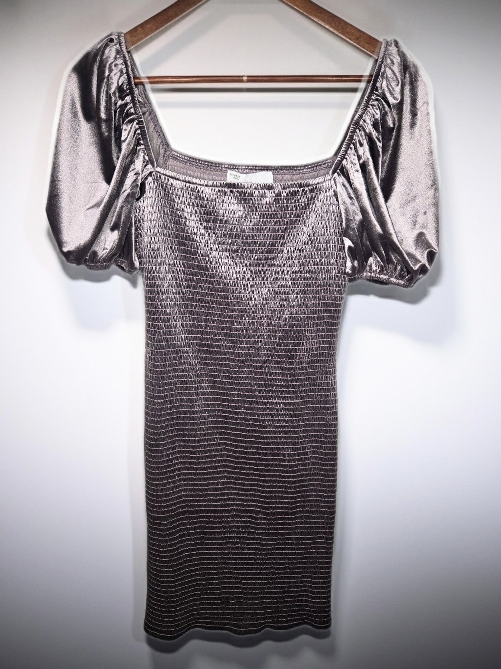 Mare Mare x Anthropologie Smocked Metallic Shimmer Silver Puff Sleeve Mini -S